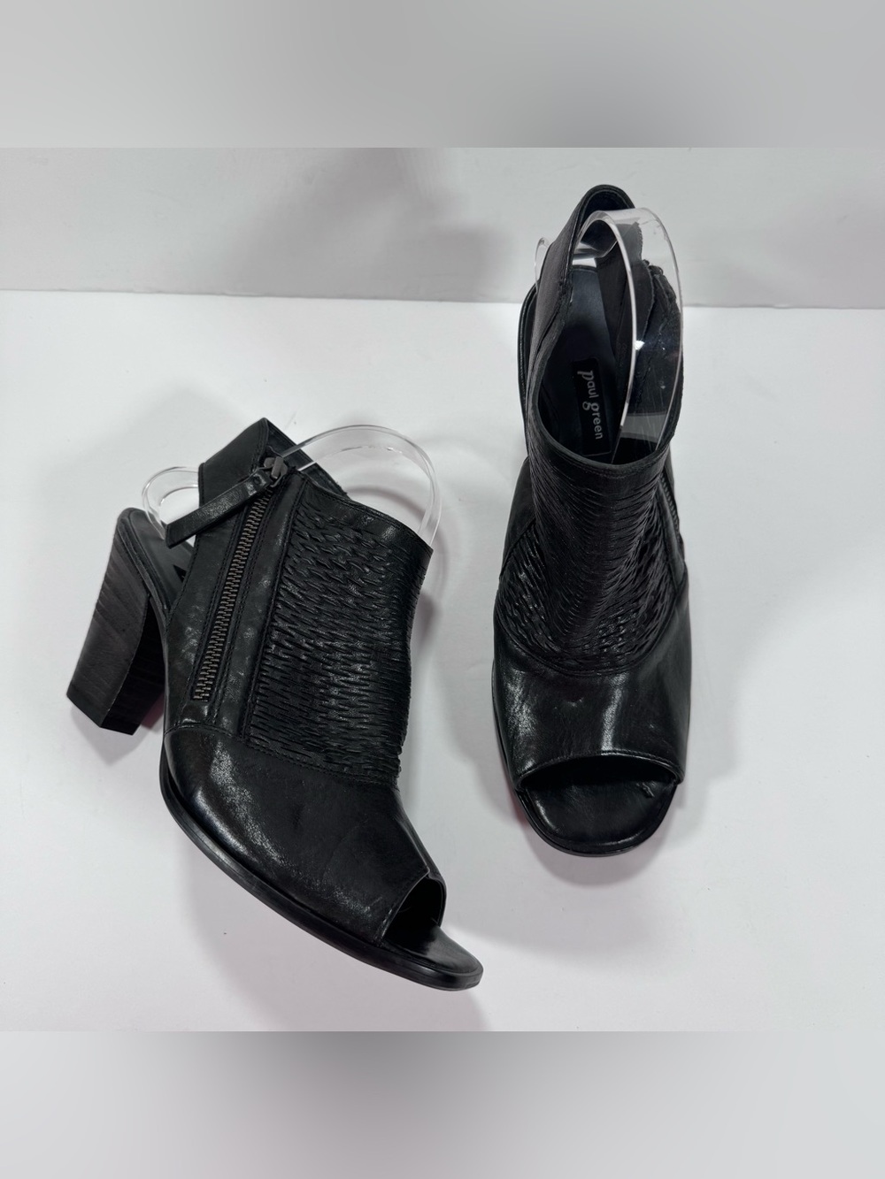 Paul Green Black Leather Willow Peep Toe Heeled Bootie Sandals Women Size 9